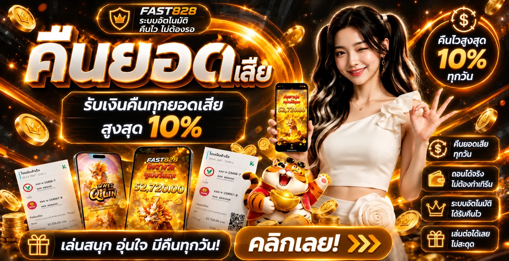 FAST828 ระบบคืนยอดเสียและเกม PG Soft โทนส้มทอง